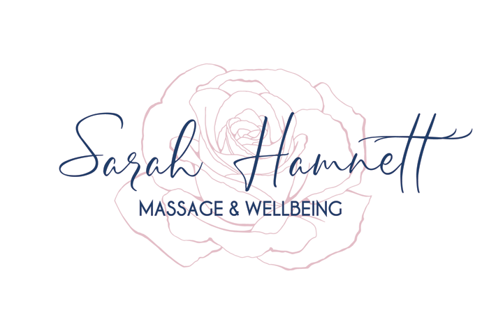 The text 'Sarah Hamnett Massage & Wellbeing' over the outline of a rose.